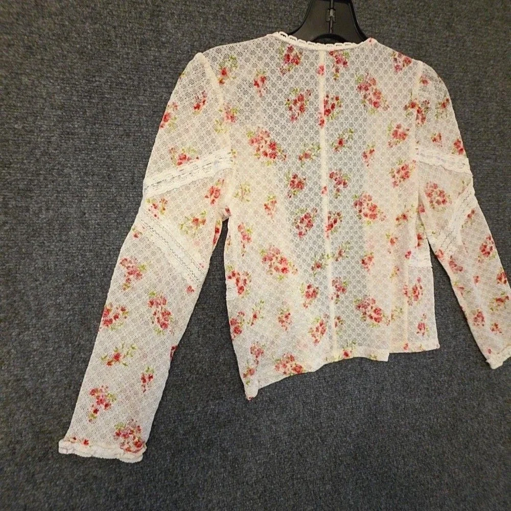 Free People Kika Top Blouse S Sheer White Lace Floral Button Front Long Coquette